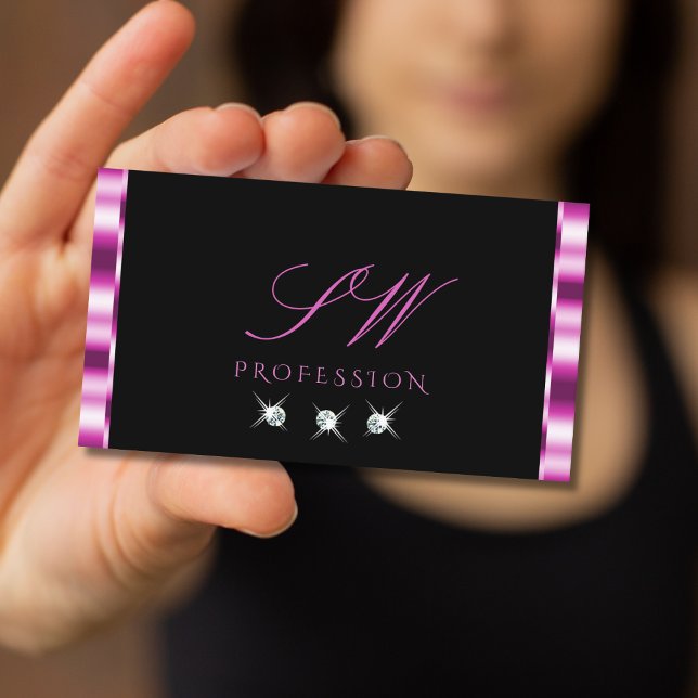 Carte De Visite Monogramme de diamants étincelants rose et noir de (Créateur téléchargé)