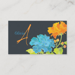 Carte De Visite Monogramme de pivoine orange bleu