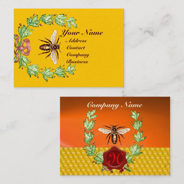 CARTE DE VISITE MONOGRAMME DE SCEAU DE CIRE ROUGE HONEY BEE BEEKEE (Devant / Derrière)