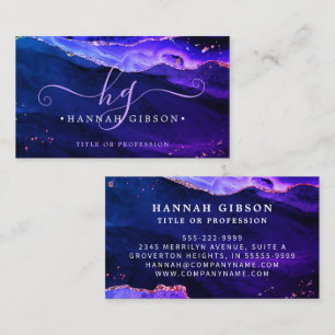 Carte De Visite Monogramme de script en agate violet rose bleu mys