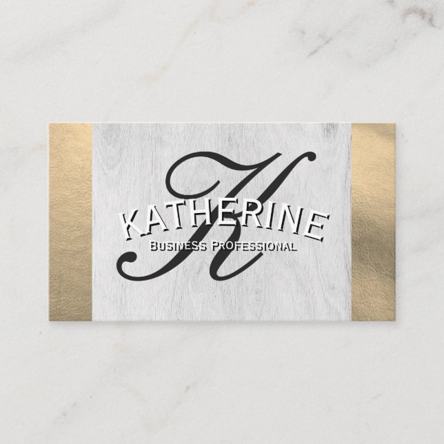 Carte De Visite Monogramme de script | Grain de bois | Fond d'or (Devant)