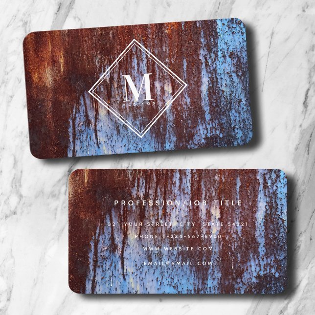 Carte De Visite Monogramme de texture métallique Brown bleue (Blue Brown Rust Metallic Texture Monogram Initial Business Card)