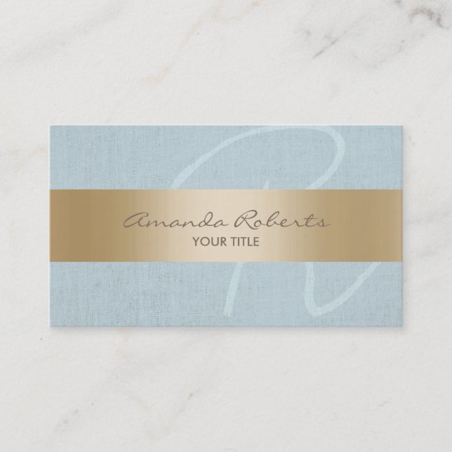 Carte De Visite Monogramme de toile bleu de rayure chique d'or (Devant)