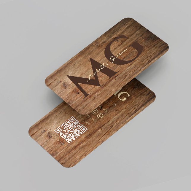 Carte De Visite Monogramme de travail du bois moderne Initiales en (Modern Woodworking Monogram Rustic Teak Wood Initials QR Business Card
)