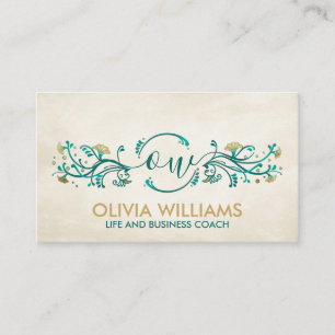 Carte De Visite Monogramme d'or doux et Turquoise floral