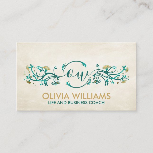 Carte De Visite Monogramme d'or doux et Turquoise floral (Devant)