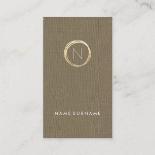 Carte De Visite Monogramme d'or élégant en lin Brown moderne Ver