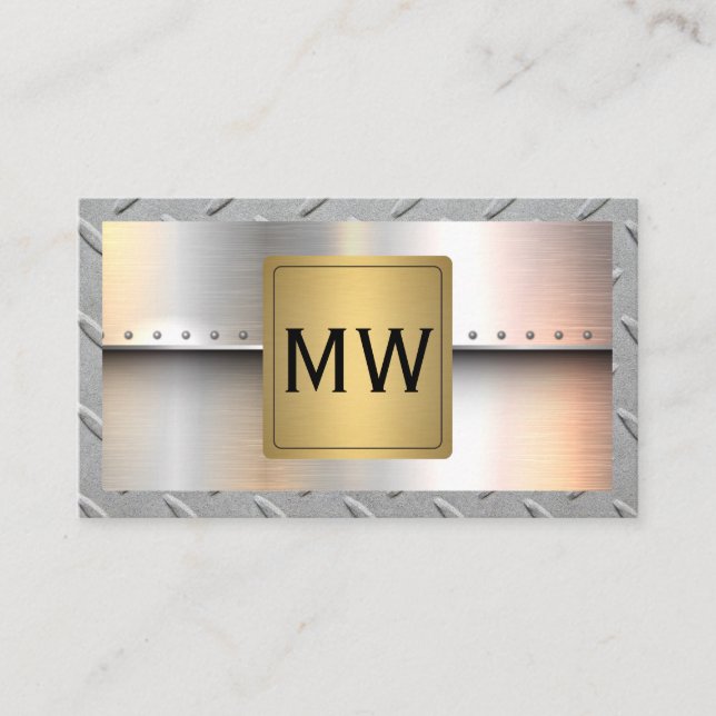 Carte De Visite Monogramme d'or métallique | Rivets et acier (Devant)