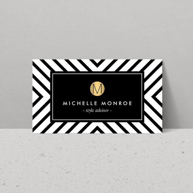 Carte De Visite Monogramme d'or noir et blanc Motif rétro (Créateur téléchargé)