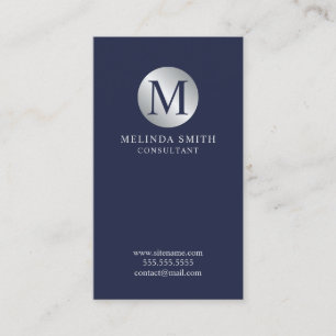 Carte De Visite Monogramme élégant bleu marine et argent