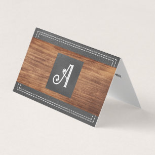 Carte De Visite Monogramme élégant   Cuir double pointillé   Bois 
