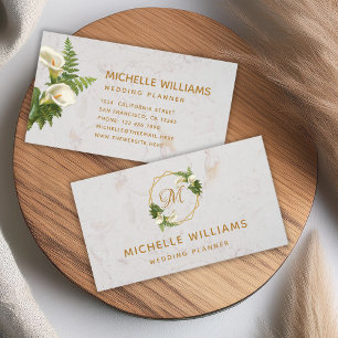 Carte De Visite Monogramme Élégant Floral Lys Callas en Marbre Dor