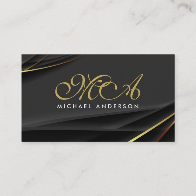 Carte De Visite Monogramme Elegant Script Black Gold Arrière - pla (Devant)