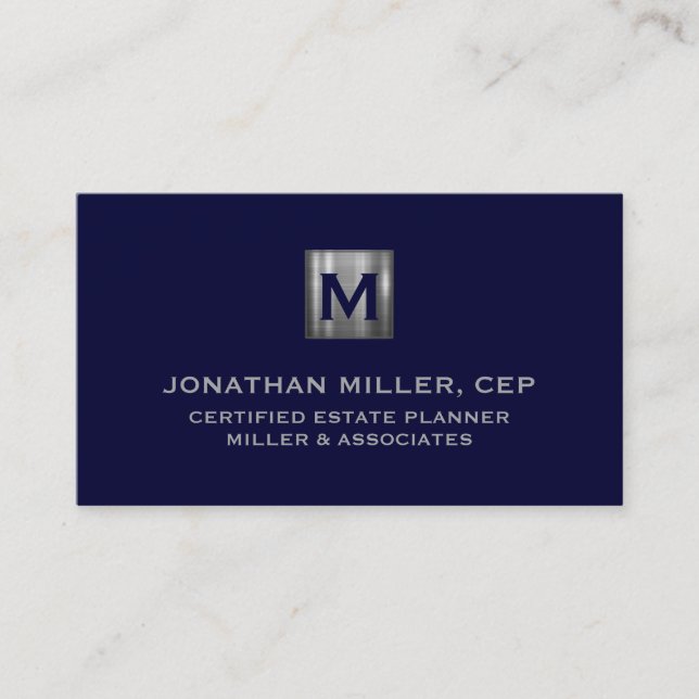 Carte De Visite Monogramme en argent bleu marine de luxe minimal (Devant)