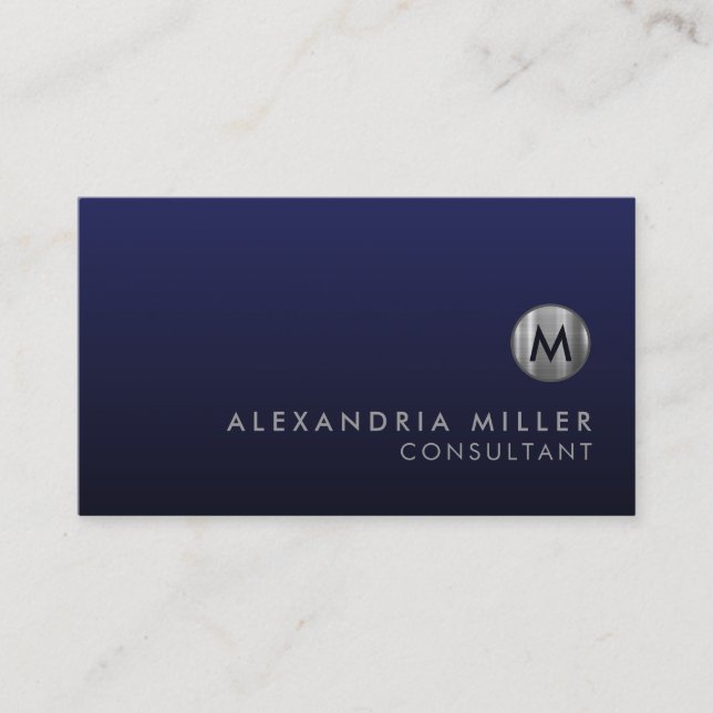 Carte De Visite Monogramme en argent bleu marine de luxe minimal (Devant)