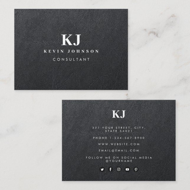 Carte De Visite Monogramme en cuir noir Faux (Devant / Derrière)