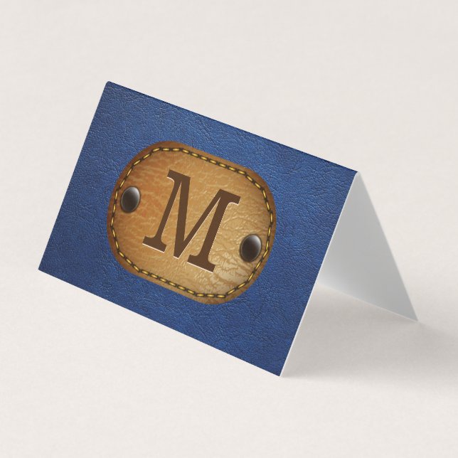 Carte De Visite Monogramme en cuir | Patch en cuir bleu et pointil (Devant)
