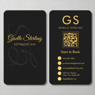 Carte De Visite Monogramme Esthétique Noir Or QR Code Beauté