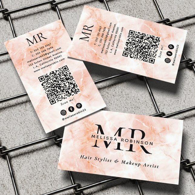 Carte De Visite Monogramme et code QR à texture marbrée pêche élég (Créateur téléchargé)