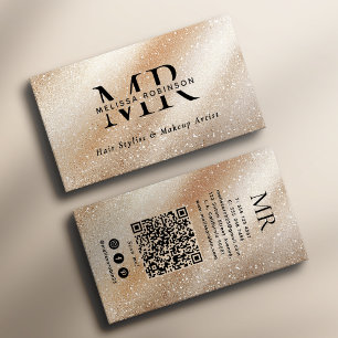 Carte De Visite Monogramme et code QR pailleté crème beige élégant