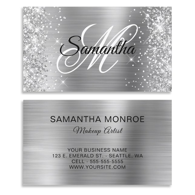 Carte De Visite Monogramme fantaisie en argent (Glittery Silver Foil Fancy Monogram Business Card)