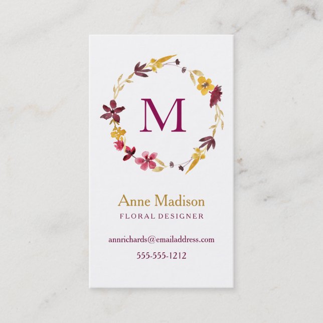 Carte De Visite Monogramme Fleur sauvage Wreath (Devant)