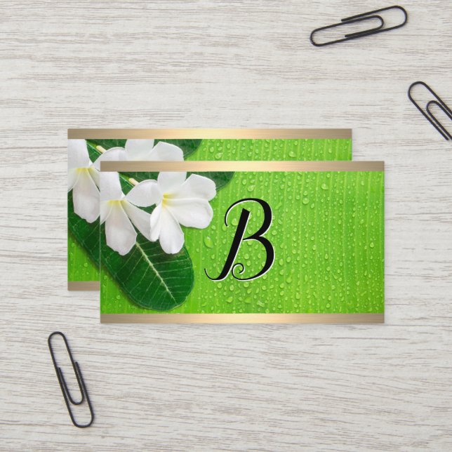 Carte De Visite Monogramme | Fleurs Feuilles (Devant/Arrière en situation)