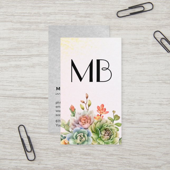 Carte De Visite Monogramme | Fleurs Succulentes (Devant/Arrière en situation)