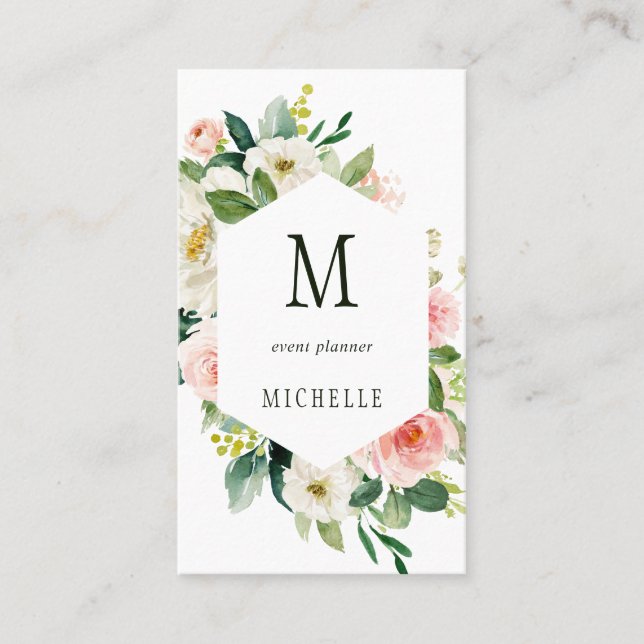 Carte De Visite Monogramme floral à fleurs blanches (Devant)