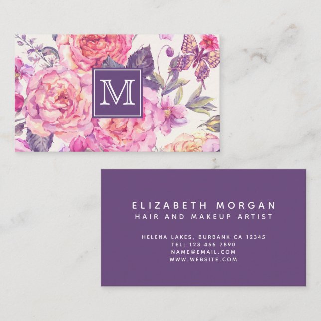 Carte De Visite Monogramme floral chic | Papillon pourpre (Devant / Derrière)