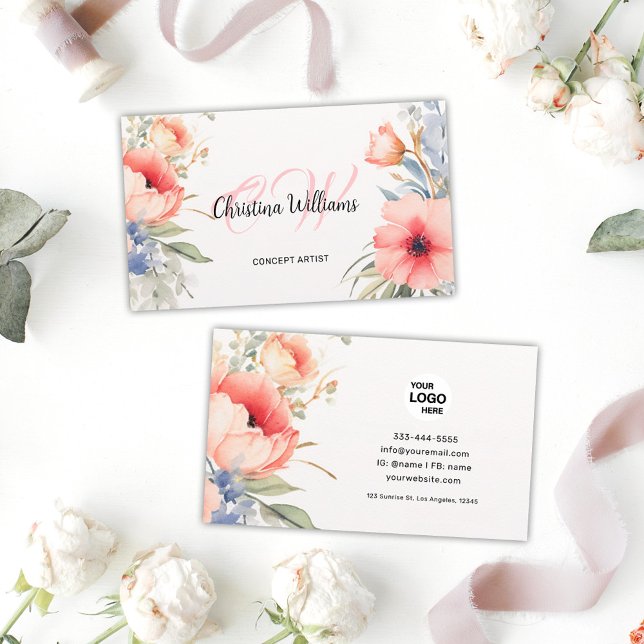 Carte De Visite Monogramme floral d'aquarelle unique (Unique Watercolor Floral Monogram Business Card)