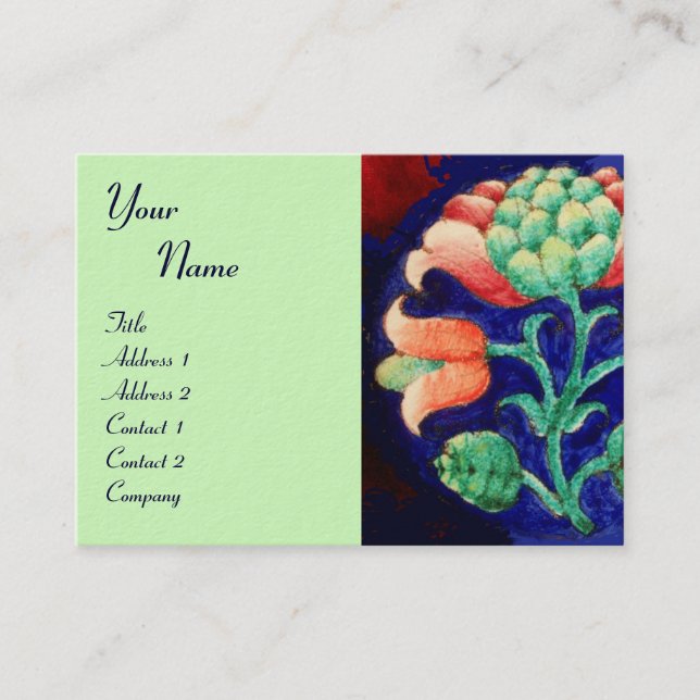 Carte De Visite MONOGRAMME FLORAL, vert rouge bleu orange blanc (Devant)