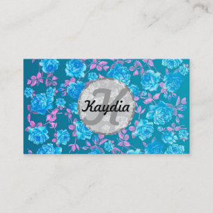 Carte De Visite Monogramme floral vintage turquoise bleu lumineux