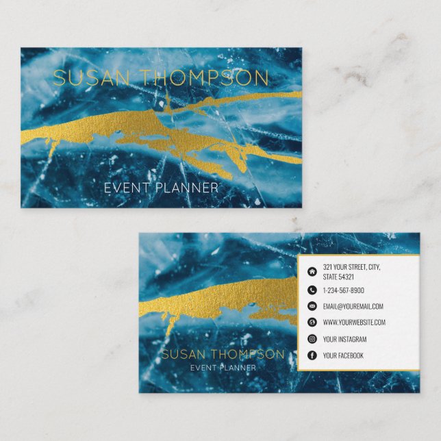 Carte De Visite Monogramme Géode Agate Gemstone Bleu et or (Devant / Derrière)