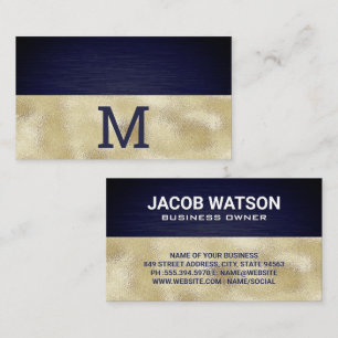 Carte De Visite Monogramme   Golden Foil   Texture métallique bleu