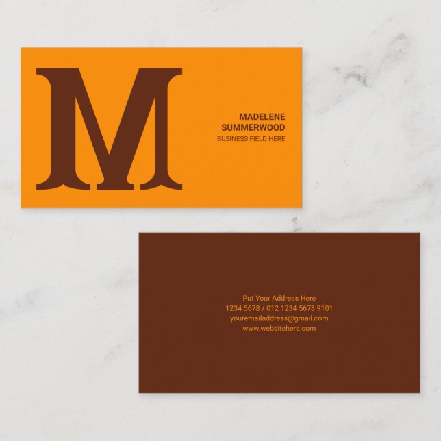 Carte De Visite Monogramme gras et moderne en orange et Brown (Devant / Derrière)