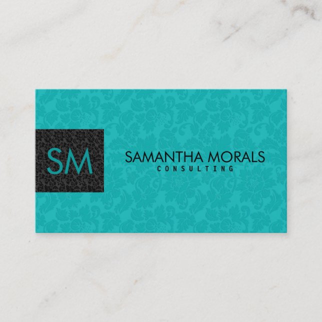 Carte De Visite Monogramme Gras Moderne Noir & Turquoise Damas 2 (Devant)
