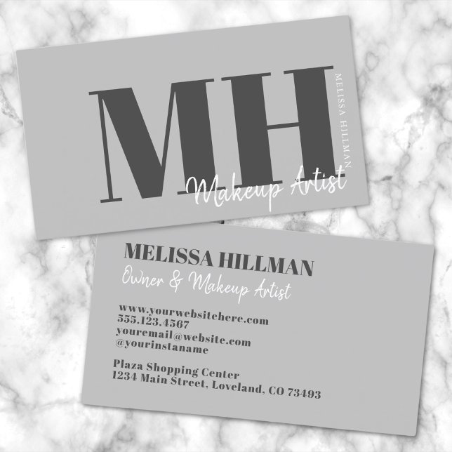 Carte De Visite Monogramme gris élégant professionnel (Simple Modern Gray Professional Initials Monogram Business Card)