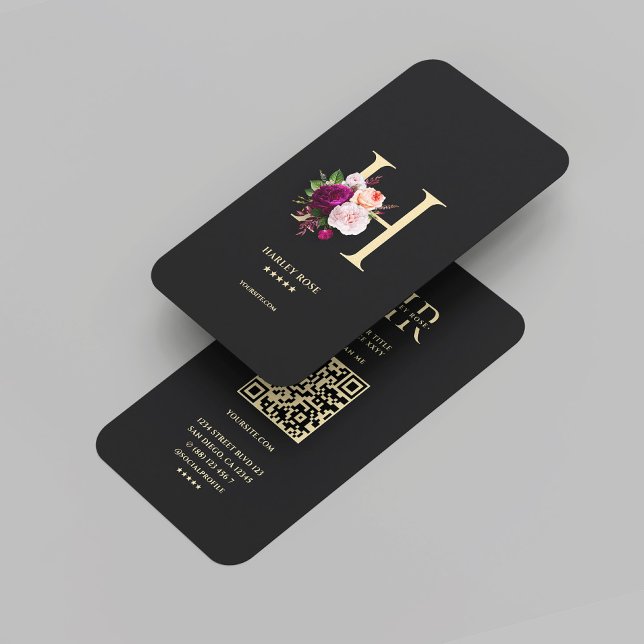 Carte De Visite Monogramme H Floral Black Gold (Modern Elegant Monogram H Floral Black Gold Business Card
)
