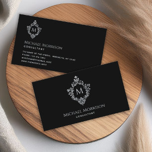 Carte De Visite Monogramme initial élégant vintage Crest Black