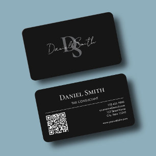 Carte De Visite Monogramme Initial Professionnel Code QR Noir Simp