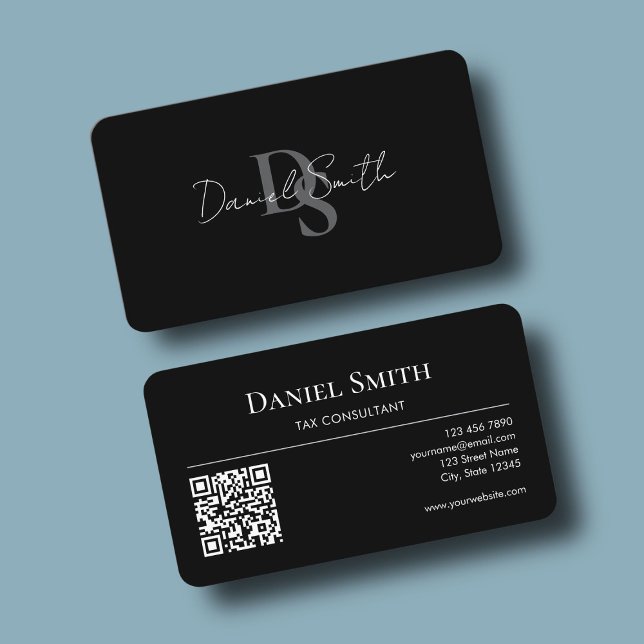 Carte De Visite Monogramme Initial Professionnel Code QR Noir Simp (Simple Professional Monogram Initial QR code Black Business Card mock up)