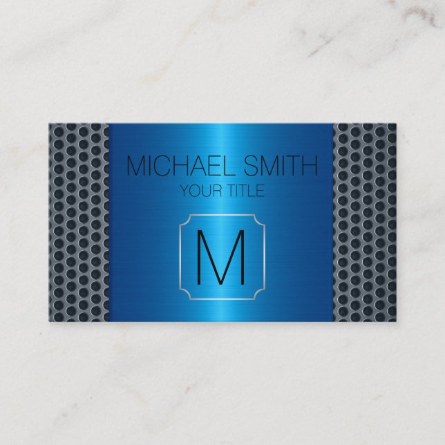 Carte De Visite Monogramme inoxydable de luxe bleu en métal (Devant)