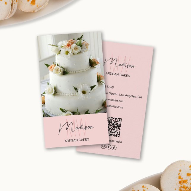 Carte De Visite Monogramme Logo Boulangerie Gâteau rose (Monogram Logo Bakery Cake Pink Business Card)