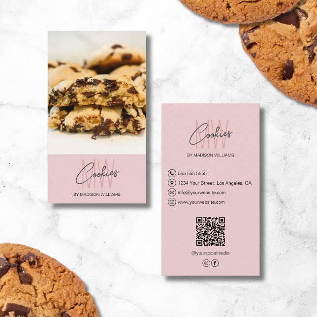 Carte De Visite Monogramme Logo Cookies Boulangerie Photo QR Rose (Monogram Logo Cookies Bakery Photo QR Pink Business Card)