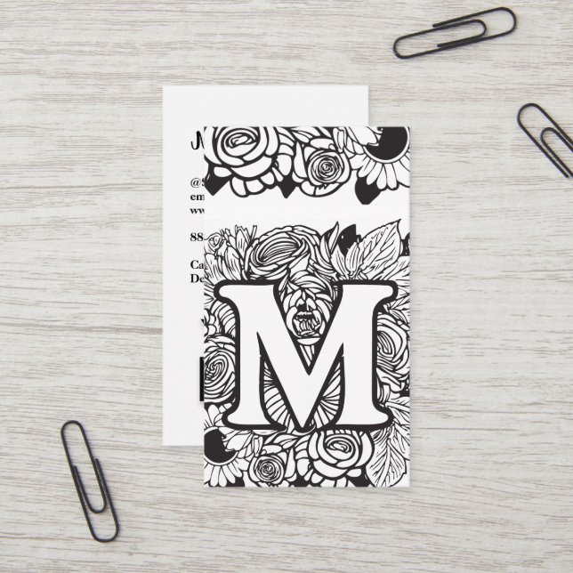 Carte De Visite Monogramme M Floral Black and White Company Logo (Devant/Arrière en situation)