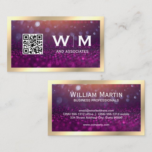 Carte De Visite Monogramme | Magenta Bokeh | CODE QR (Devant / Derrière)