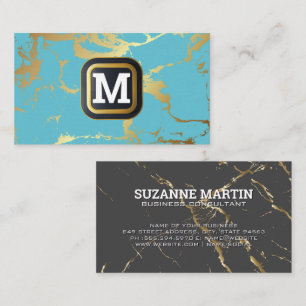 Carte De Visite Monogramme   Marbre Turquoise gris or