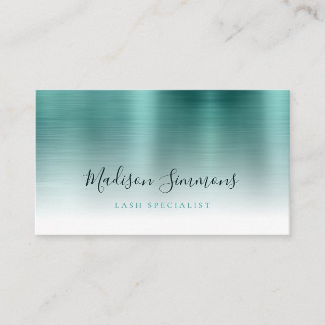 Carte De Visite Monogramme métallique brossé vert turquoise Script (Devant)