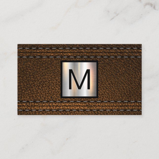 Carte De Visite Monogramme métallique | Cuir Brown double pointill (Devant)